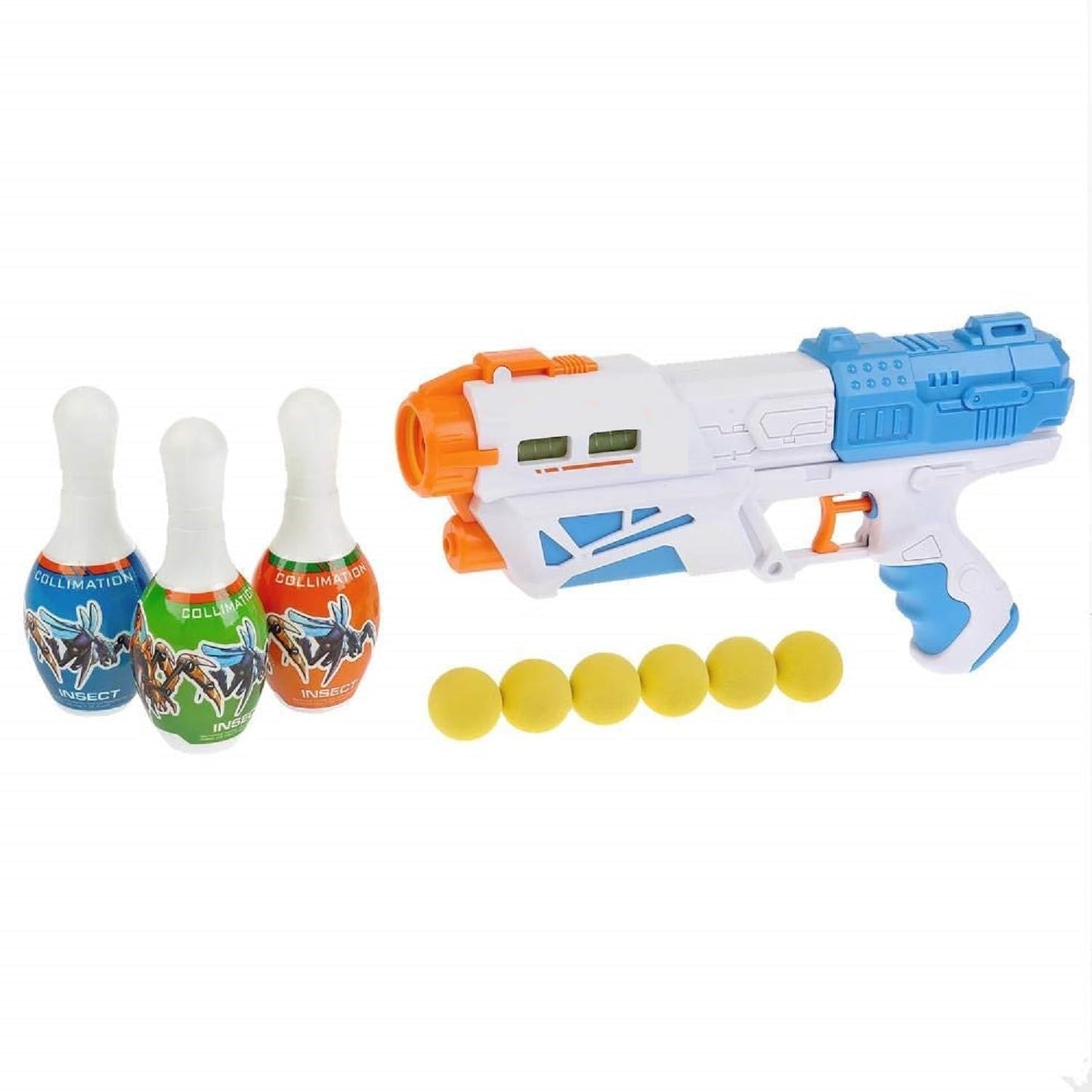 Toy Blaster Gun Set with 6 Foam Balls and 3 Bowling Pins