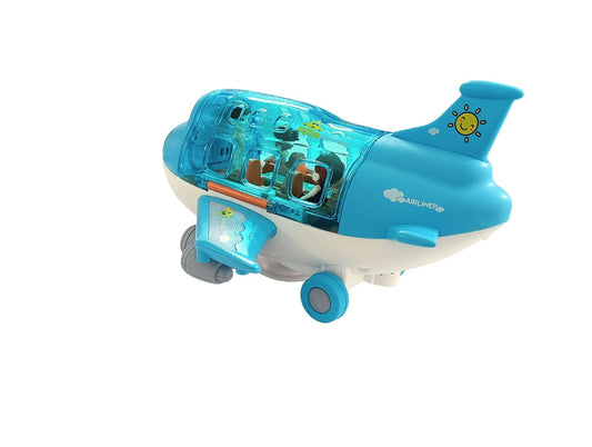 Airliner Happy Fuun Kids Toy Airplane, Blue Transparent Plastic, Light and Sound Effects, Educational Aircraft for Ages 3+