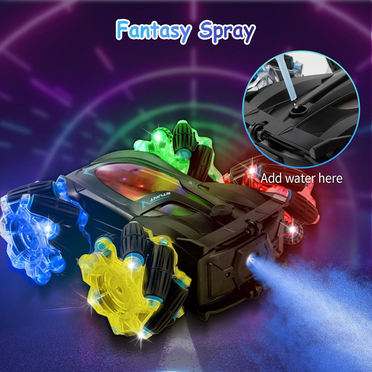Spray Stunt Car, a remote-controlled toy vehicle featuring multi-directional stunt wheels