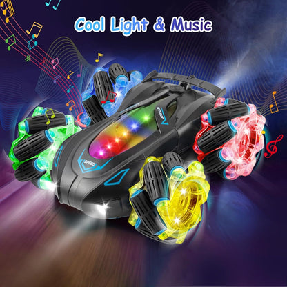 Spray Stunt Car, a remote-controlled toy vehicle featuring multi-directional stunt wheels