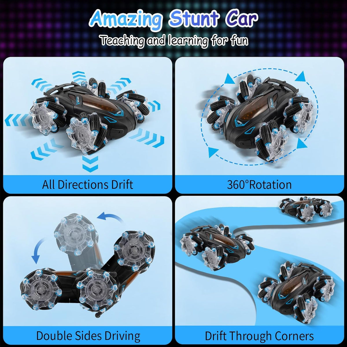 Spray Stunt Car, a remote-controlled toy vehicle featuring multi-directional stunt wheels