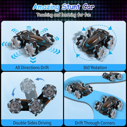 Spray Stunt Car, a remote-controlled toy vehicle featuring multi-directional stunt wheels