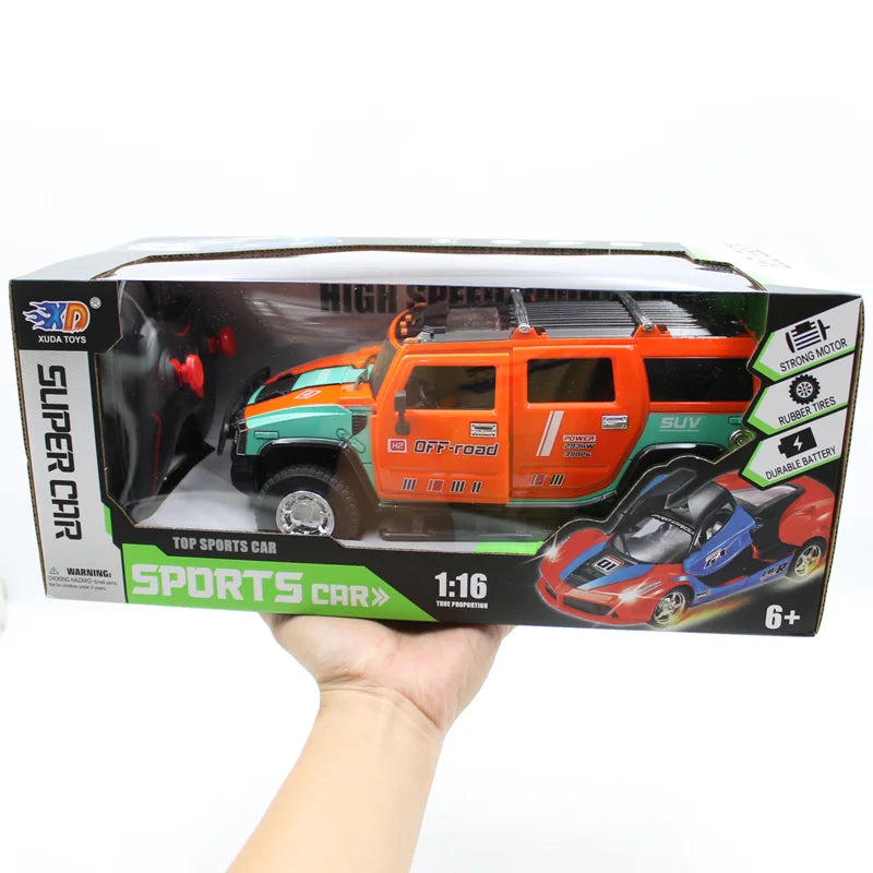 RC off-road Hummer-style remote control car in orange and turquoise