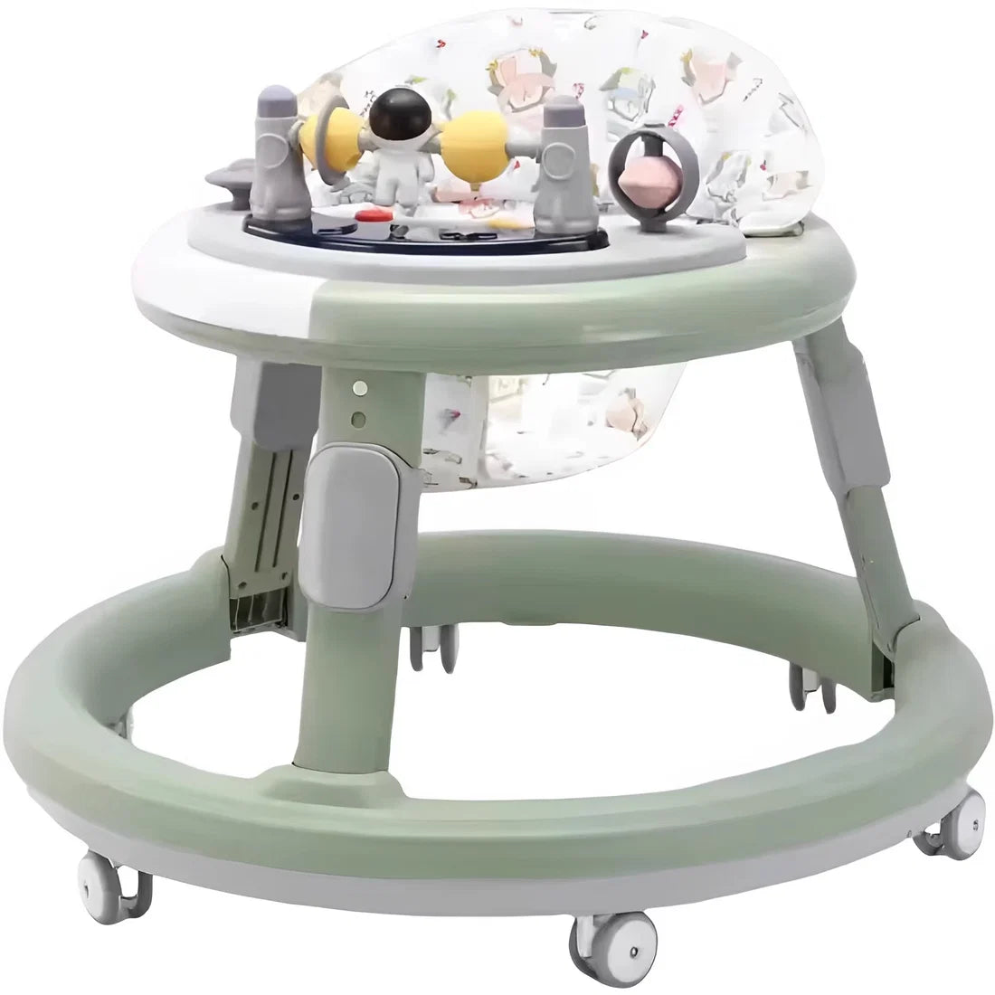 Pink and grey multi-functional baby walker with a rounded base