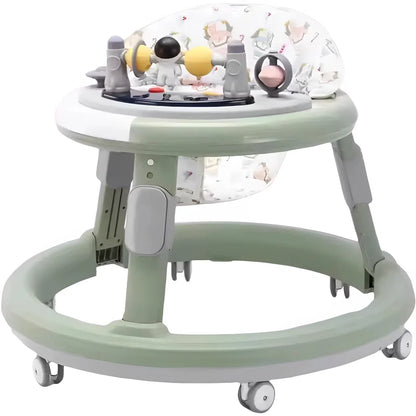 Pink and grey multi-functional baby walker with a rounded base