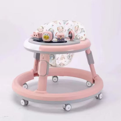 Pink and grey multi-functional baby walker with a rounded base