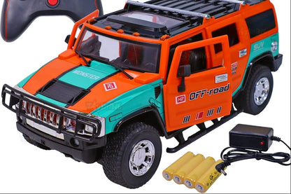 RC off-road Hummer-style remote control car in orange and turquoise