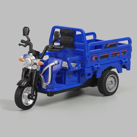 Electric Three Wheeled Motorcycle Loading Rickshaw Diecast Alloy Model With Light & Sound Pull Back Vehicle Toy 1:10 Scale For Boys & Collectors